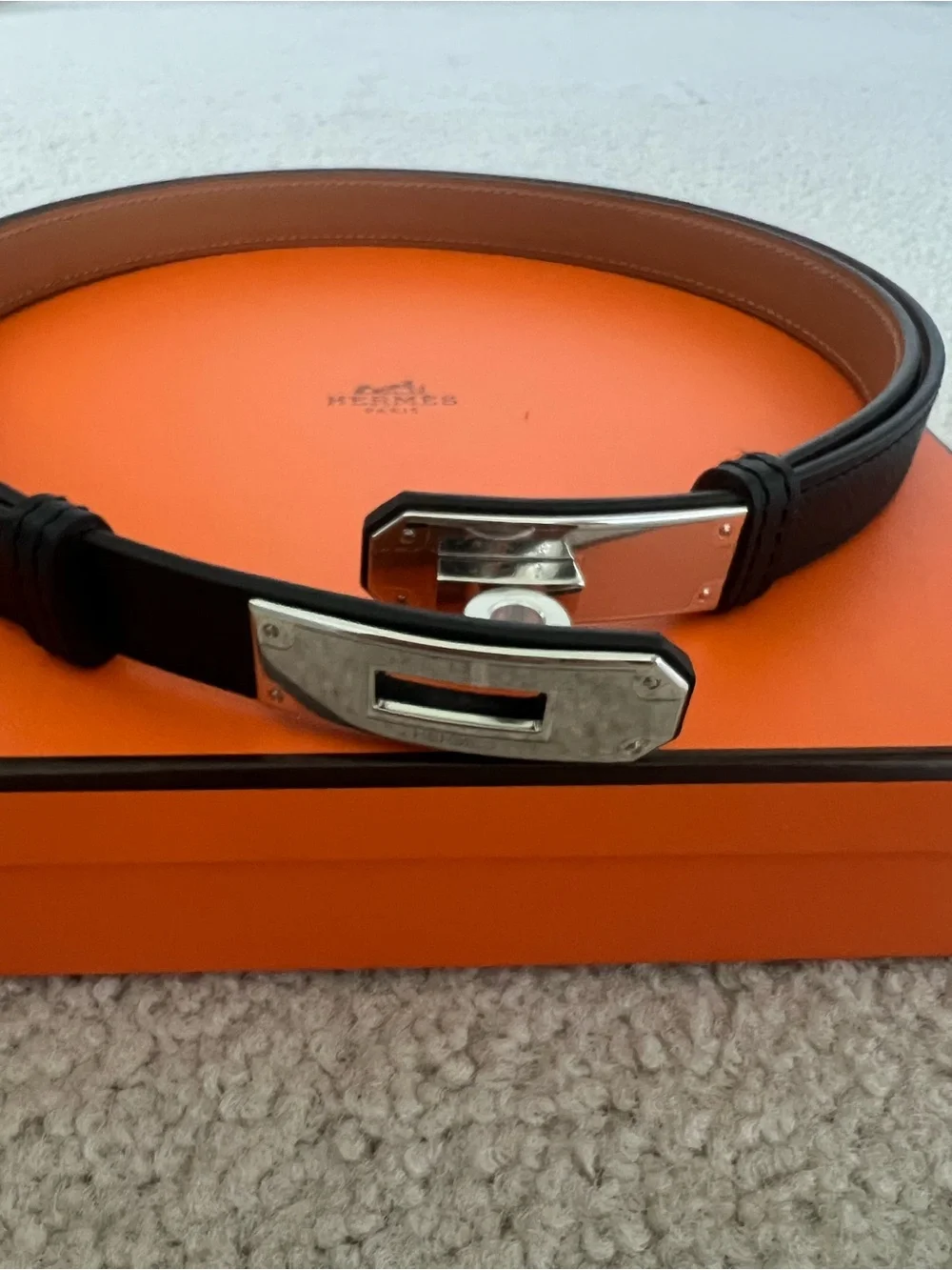 NEW Women’s Hermes Black Kelly Belt with palladium hardware
